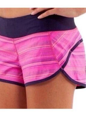 LULULEMON Speed up Hot Pink Striped Running Shorts with Navy Waistband 6